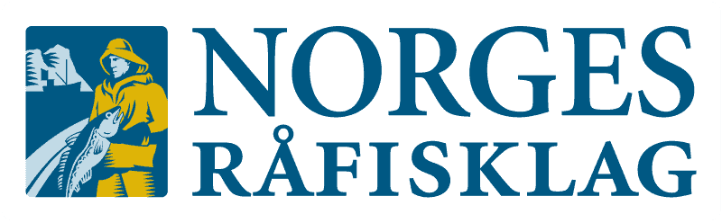 Arctic Frontiers - Logo of Norges Råfisklag, featured among Arctic Frontier partner logos, with a fisherman in yellow holding a fish and blue text on a white background.