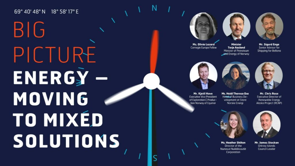 Image shows the session name "Big Picture - Energy - Moving to mixed solutions" and a graphic depiction of a windmill inside a compass rose. 