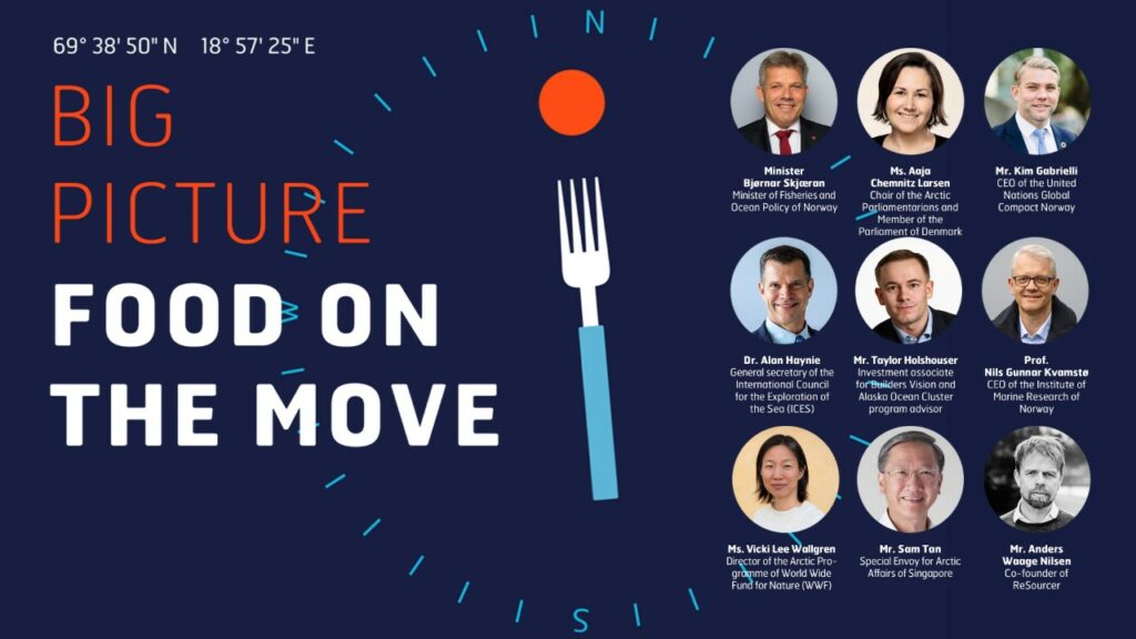 Image shows the text "Big Picture - food on the move" and a graphic depiction of a fork grabbing food inside a compass rose. The image also shows nine featured speakers. 
