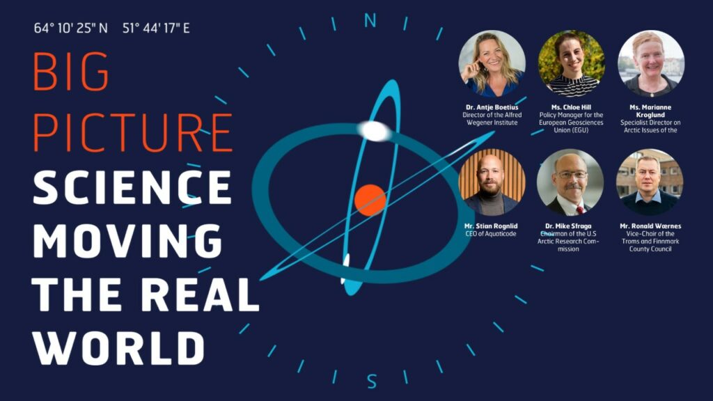Image shows the session name "Big Picture - Science moving the real world", and a stylized depiction of an atom with surrounding electrons inside a compass rose. 