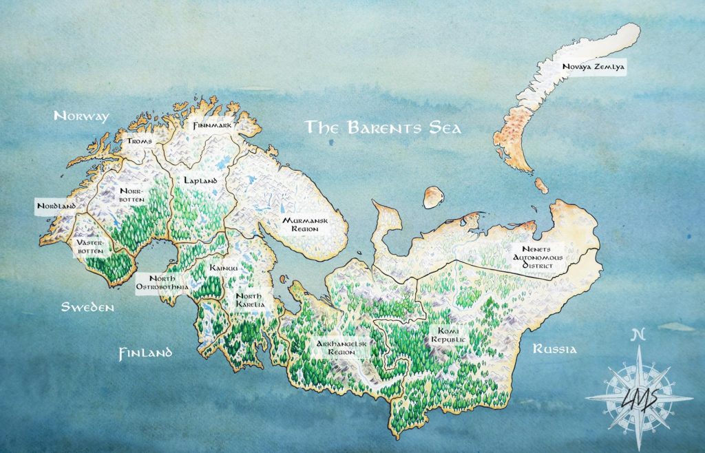 Arctic Frontiers - Artistic map of northern Russia and Scandinavia, highlighting regions, forests, and the Barents Sea—perfect for Arctic Frontier Partner pictures.