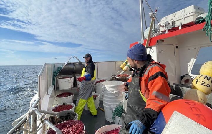 Arctic Frontiers - Two fishermen in bright gear, partners on an Arctic frontier, work with ropes and buckets on a boat under a partly cloudy sky—perfect for partner pictures.