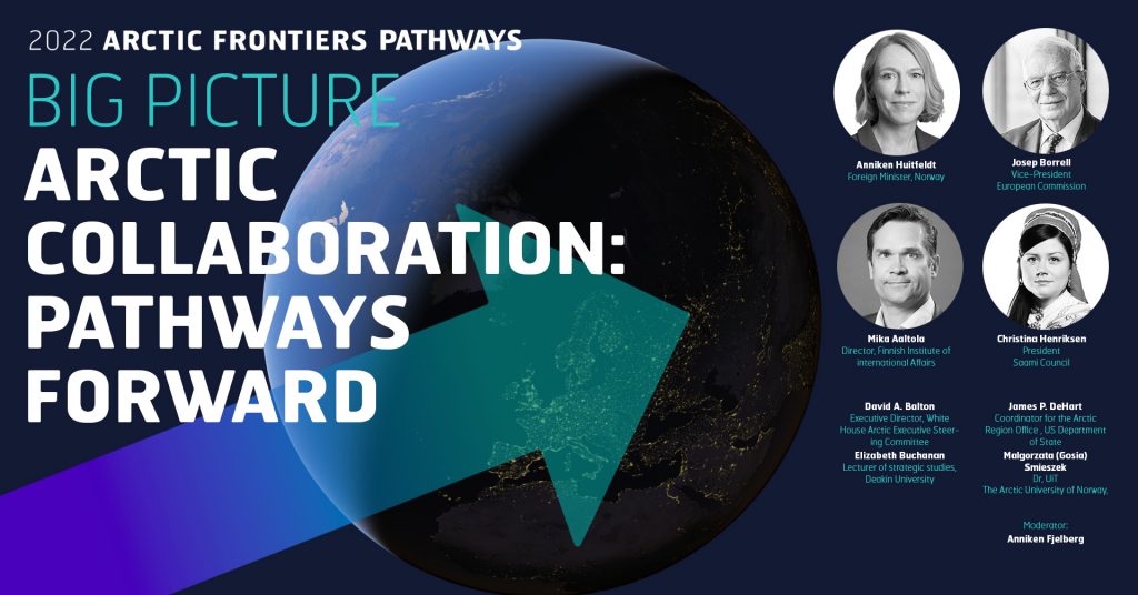 Image shows the session title "Arctic Collaboration: Pathways Forward and an arrow in front of a globe.