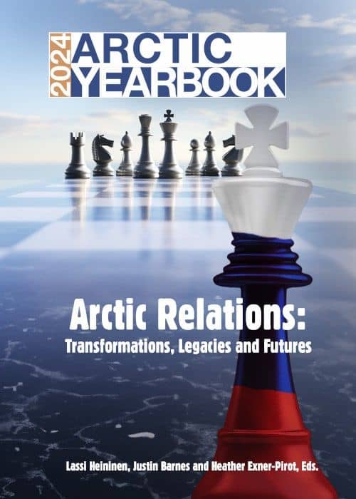 Arctic Frontiers - Cover of "Arctic Yearbook 2024" featuring chess pieces over icy water, with a piece in Russian flag colours in front—a nod to the Arctic Frontiers - Emerging Leaders Alumni Network.