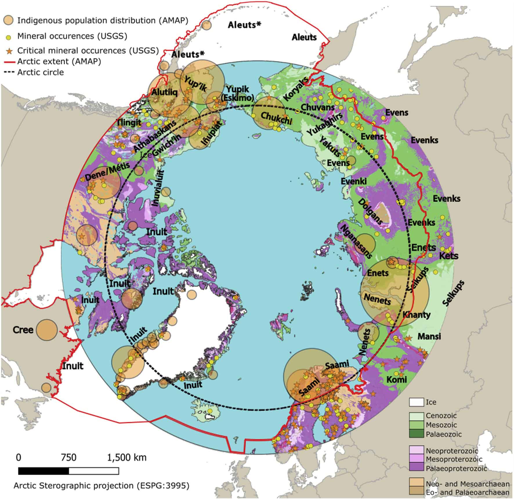 Arctic Frontiers - Map of Arctic region showing Indigenous populations, mineral sites, and geological periods with colour-coded legend. Part of the Arctic Frontiers - Emerging Leaders Alumni Network initiative.
