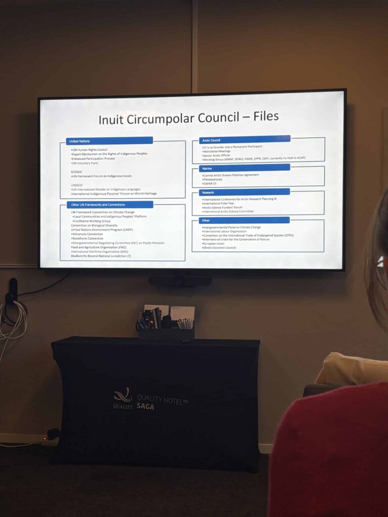 Arctic Frontiers - A presentation slide titled “Inuit Circumpolar Council – Files” displayed on a screen in a conference room.